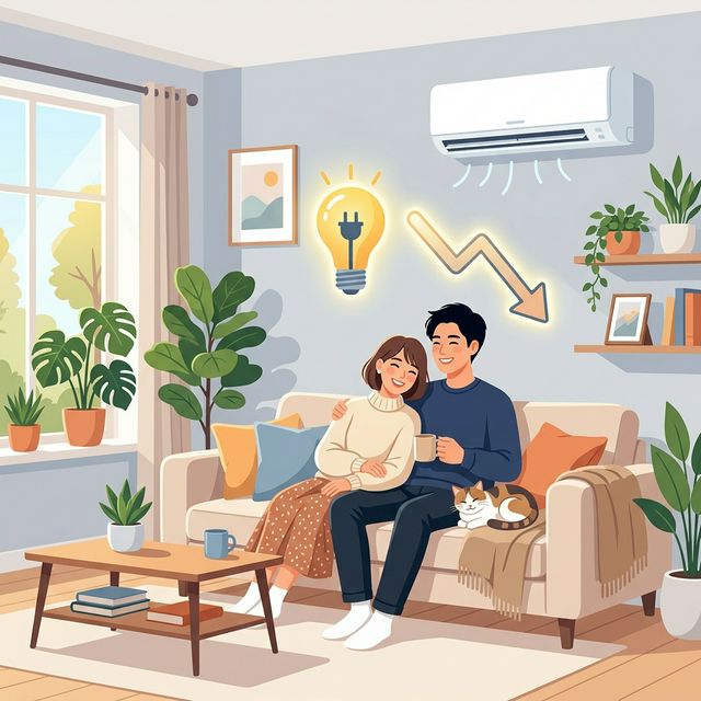 電気代が下がってくつろぐ共働き夫婦のイラスト（頑張らない光熱費ダウン術のアイキャッチ画像）